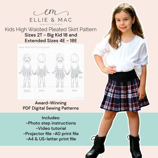 Kids High waisted pleated skirt pattern - Sizes 2T - Big Kid 18 + Extended Sizes - Digital PDF sewing pattern - Projector A0 A4 letter files