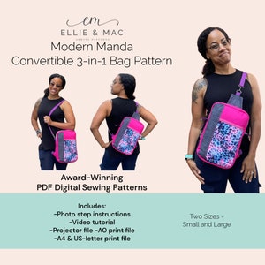 Convertible sling bag sewing pattern - Two sizes - Digital PDF sewing pattern - Projector A0 A4 US letter files - Ellie and Mac - Craft