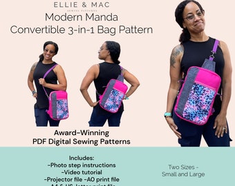 Convertible sling bag sewing pattern - Two sizes - Digital PDF sewing pattern - Projector A0 A4 US letter files - Ellie and Mac - Craft