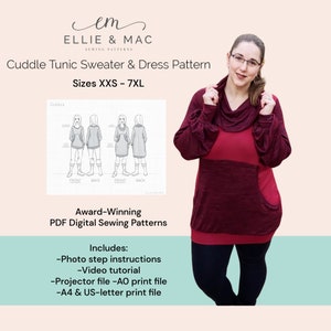 Tunic sweater pattern + dress pattern | 13 sizes XXS - 7XL | Video tutorial | Projector file | A0 A4 US Letter files | PDF sewing pattern