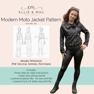 Patrón de chaqueta de moto moderna - 11 tallas XXS - 5XL - Archivo de proyector - Archivo A0 - Archivos tamaño carta A4 - Videotutorial - Patrón de costura en PDF