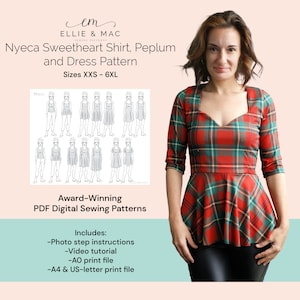 Molde de costura para vestido peplum + coração - Molde de costura em PDF - Tamanhos XXS - 6XL - Projetor A0 Arquivos de carta A4 - Tutorial em vídeo - Download