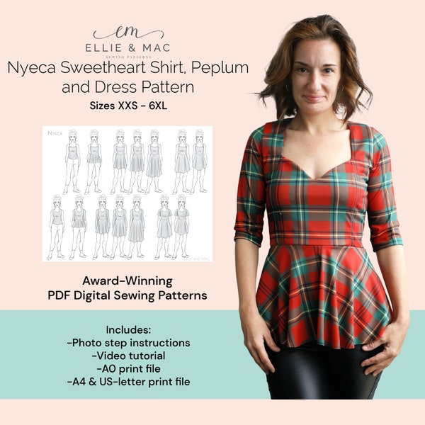 Sweetheart peplum + dress sewing pattern - PDF Sewing Pattern - Sizes XXS - 6XL - A0 Projector A4 Letter Files - Video tutorial - Download