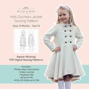 May include: A white duchess jacket sewing pattern for kids, sizes 12 months to teen 14. The pattern includes photo step instructions, a video tutorial, projector file, AO print file, and A4 & US-letter print files.