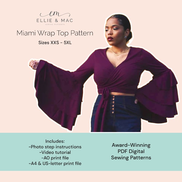 Wrap top sewing pattern | Projector Pattern |  Sizes XXS - 5XL | PDF sewing pattern | Ellie and Mac | Statement Sleeves | Knit fabric design