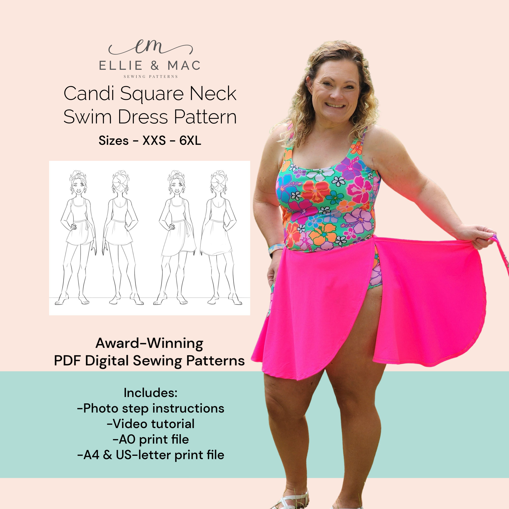 Square Neck Swim Dress Sewing Pattern: XXS-6XL (digital PDF) - Etsy