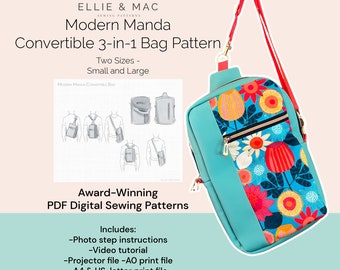 Convertible sling bag sewing pattern - Two sizes - Digital PDF sewing pattern - Projector A0 A4 US letter files - Ellie and Mac - Craft