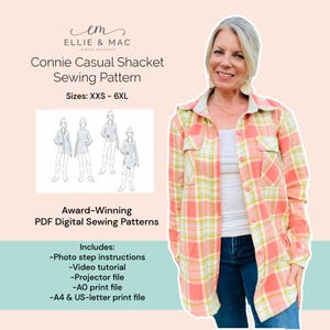 May include: A digital sewing pattern for a casual shacket, called the Connie Shacket, in sizes XXS-6XL. The pattern includes photo step instructions, a video tutorial, projector file, AO print file, and A4 & US-letter print files.