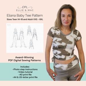 Patrón de costura para camiseta de bebé / 15 tallas - Adolescentes 14-18 Adultos XXS-6XL / Archivo para proyector / Patrón de costura en PDF / Archivo tamaño carta A0 A4 / Videotutorial