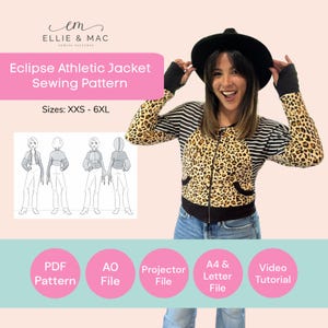Athletic jacket sewing pattern XXS - 6XL - Projector file - A0 file - A4 US letter files - Video tutorial - PDF sewing pattern - Zip up