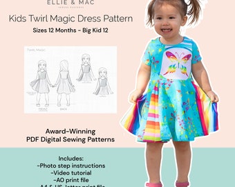 Modello di cucito PDF per abito Twirl per bambini: taglie 12 mesi - Big Kid 12
