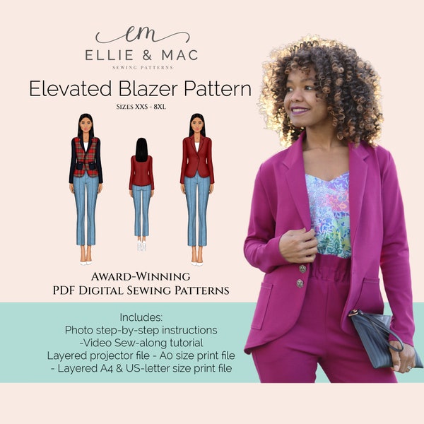 Elevated blazer jacket pattern| 14 sizes XXS - 8XL| Projector file| PDF sewing pattern| A0 file| A4 US letter file| Video tutorial