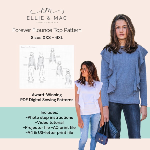 Forever Flounce Top pattern, PDF A4, A0, LETTER, Projector, Sewing Patterns (12 Sizes) + Video, Photo Tutorial, Ellie and Mac