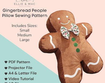 Puede incluir: Una almohada de hombre de jengibre marrón con detalles de glaseado blanco, una pajarita a cuadros y botones de lentejuelas verdes. La imagen incluye texto: "Gingerbread People Pillow Sewing Pattern" y "Includes Sizes: Small, Medium, Large."
