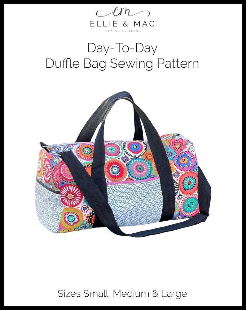 Easy PDF sewing pattern for instant download featuring bright woven fabric with black webbing handles. The side exterior pocket is shown. Three size options.