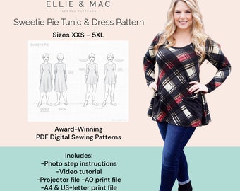 Sweetie Pie tunic + dress sewing pattern with video tutorial sizes XXS - 5XL | Ellie and Mac Patterns | Instant Download PDF sewing pattern