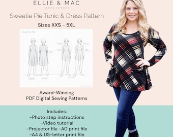 Sweetie Pie tunic + dress sewing pattern with video tutorial sizes XXS - 5XL | Ellie and Mac Patterns | Instant Download PDF sewing pattern