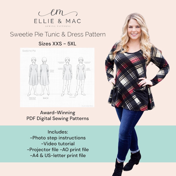 Sweetie Pie tunic + dress sewing pattern with video tutorial sizes XXS - 5XL | Ellie and Mac Patterns | Instant Download PDF sewing pattern