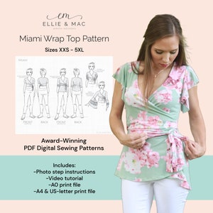 May include: A mint green wrap top with a pink floral pattern. The top has short sleeves and a tie closure. The image also shows a pattern for the top, with the text "Miami Wrap Top Pattern" and "Sizes XXS - 5XL".