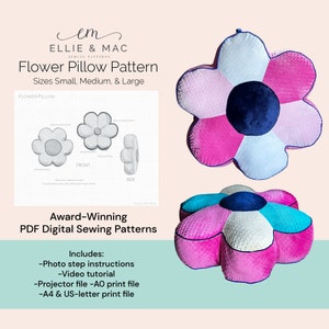 Padrão de costura para almofada de flores - Três tamanhos - Padrão de costura digital em PDF - Arquivos de projetor A0 A4 US letter - Padrão de costura para decoração de casa e artesanato