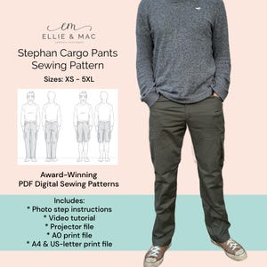 May include: A digital sewing pattern for Stephan Cargo Pants, sizes XS to 5XL. The pattern includes photo step instructions, a video tutorial, projector file, AO print file, and A4 & US-letter print file.