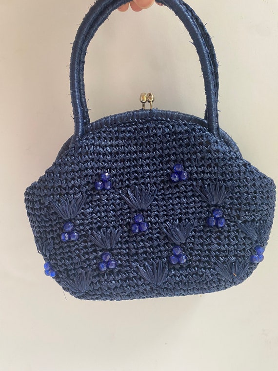 Vintage Navy Blue Crochet Beaded Straw Handbag wit