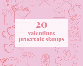 20 Valentine’s Day procreate stamps | procreate brushes | love hearts | fineline outline | customise | illuminations | digital brush pack |