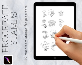 20 mushroom procreate stamps | procreate brushes | tattoo design | fineline outline | customise | illuminations | digital brush pack |
