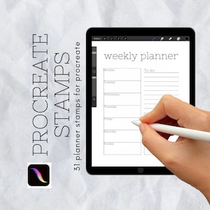 May include: A digital weekly planner on a tablet screen with a hand holding a stylus. The planner has a simple design with days of the week listed on the left and a "To do:" section on the right.
