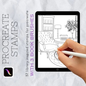 May include: A black and white illustration of a living room interior with a bookshelf, armchair, table, lamp, and a typewriter. The image is on a tablet screen with a hand holding a stylus.