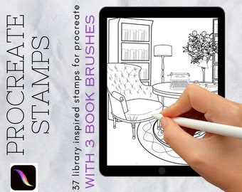 37 library inspired procreate stamps + 3 book brushes | design | fineline outline | customise | illuminations | digital brush pack |