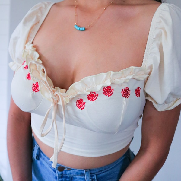 Rose Embroidered Sweetheart Puff Sleeve Crop Top, Sweetheart Neckline, Bustier Top, Corset Top, Summer Fashion Trends, Spring Top