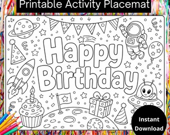 Disegno da colorare per compleanno a tema spaziale, pagine da colorare per compleanno a tema spaziale, attività per festa di compleanno a tema spaziale, tovaglietta da colorare per bambini