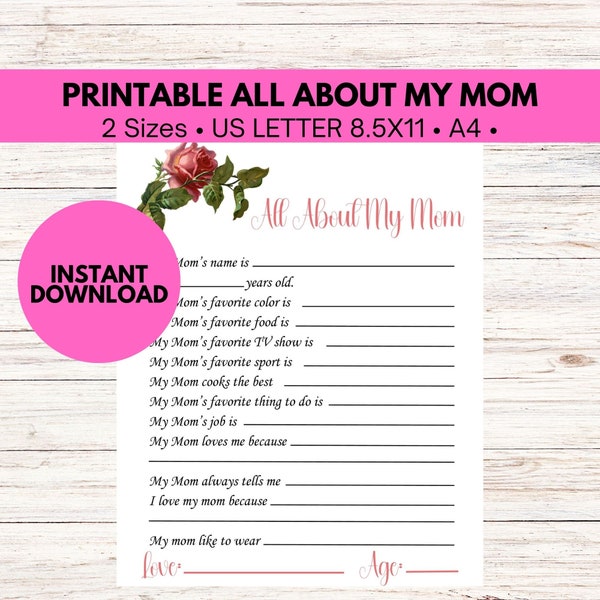 Printable Mom Gift From Kids, Sentimental Gifts for Mothers Day, All About My Mom Printable, Mothers Day Printable,  Mom Questionnaire