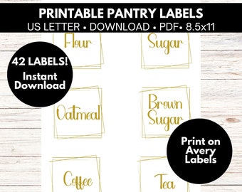 Gold Pantry Labels, Printable Pantry Stickers, Kitchen Organization, Elegant Pantry Labels for Pantry Organization