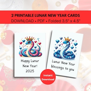 Cartão de Ano Novo Lunar, Ano da Serpente, Ano Novo Chinês 2025, Festa de Ano Novo Lunar, Cartão de Ano Novo Chinês para Imprimir
