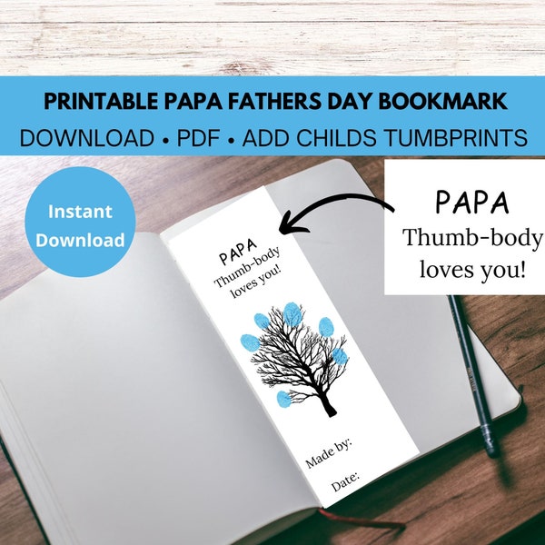 Papa Gifts for Fathers Day,  Papa Gifts Personalized,  Printable Bookmark for Fathers Day, Fingerprint Tree Bookmark, PAPA Fathers Day