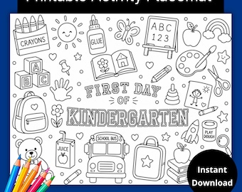 Pagina da colorare per il primo giorno di asilo, Attività per il primo giorno di scuola, Tovaglietta per attività per bambini, Tovagliette da colorare per bambini, Pagina da colorare con scarabocchi