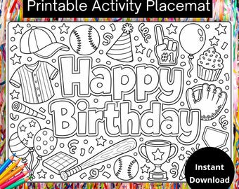 Disegni da colorare per compleanno a tema baseball, Disegni da colorare per feste a tema baseball, Attività per feste di compleanno, Compleanno a tema baseball, Tovaglietta da colorare per bambini