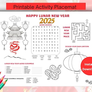 Activité à imprimer nouvel an lunaire, napperon d'activité nouvel an lunaire, nouvel an chinois 2025, fête du nouvel an lunaire, créations artistiques du nouvel an lunaire