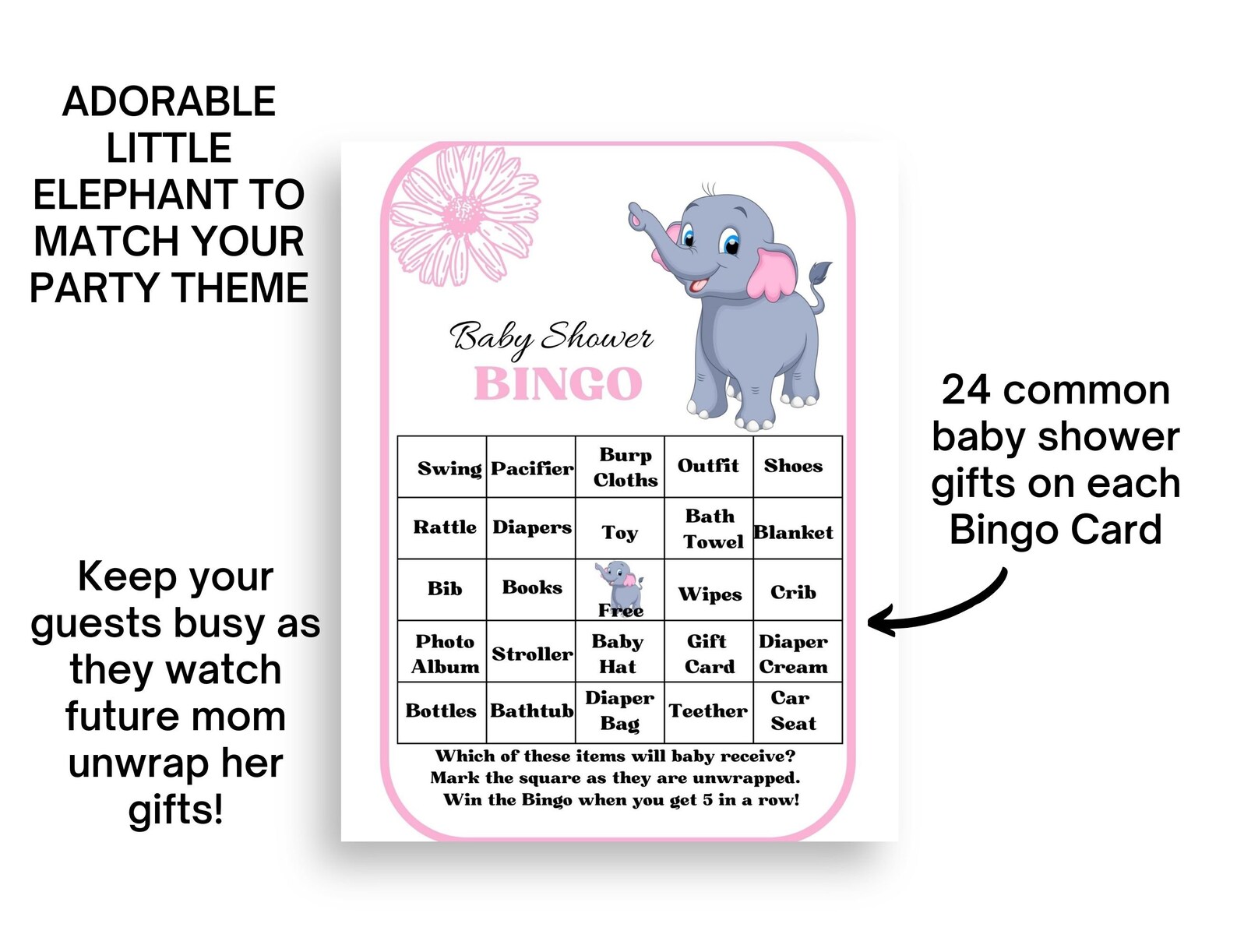 Girl Baby Shower Bingo Printable With Baby Elephant. Includes - Etsy