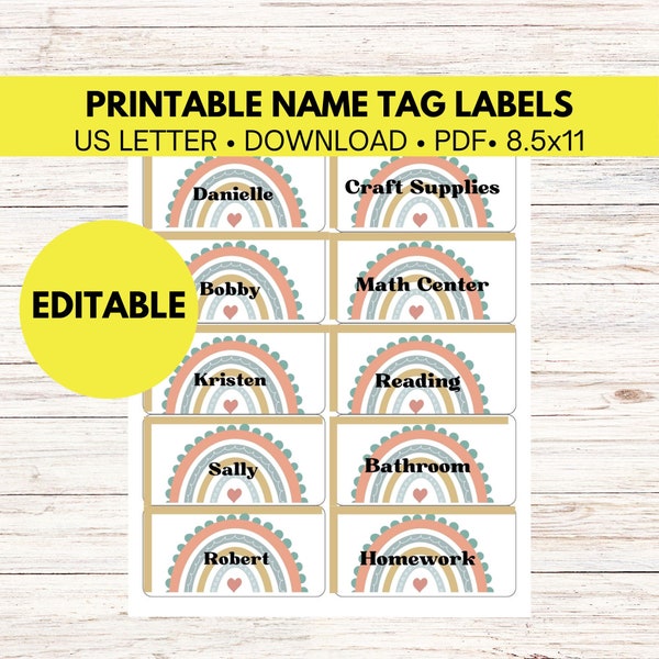 Editable Name Tags for Classroom, Printable Labels for School, Boho Rainbow Name Tags for Classroom, Student Name Tags, Boho Classroom Decor