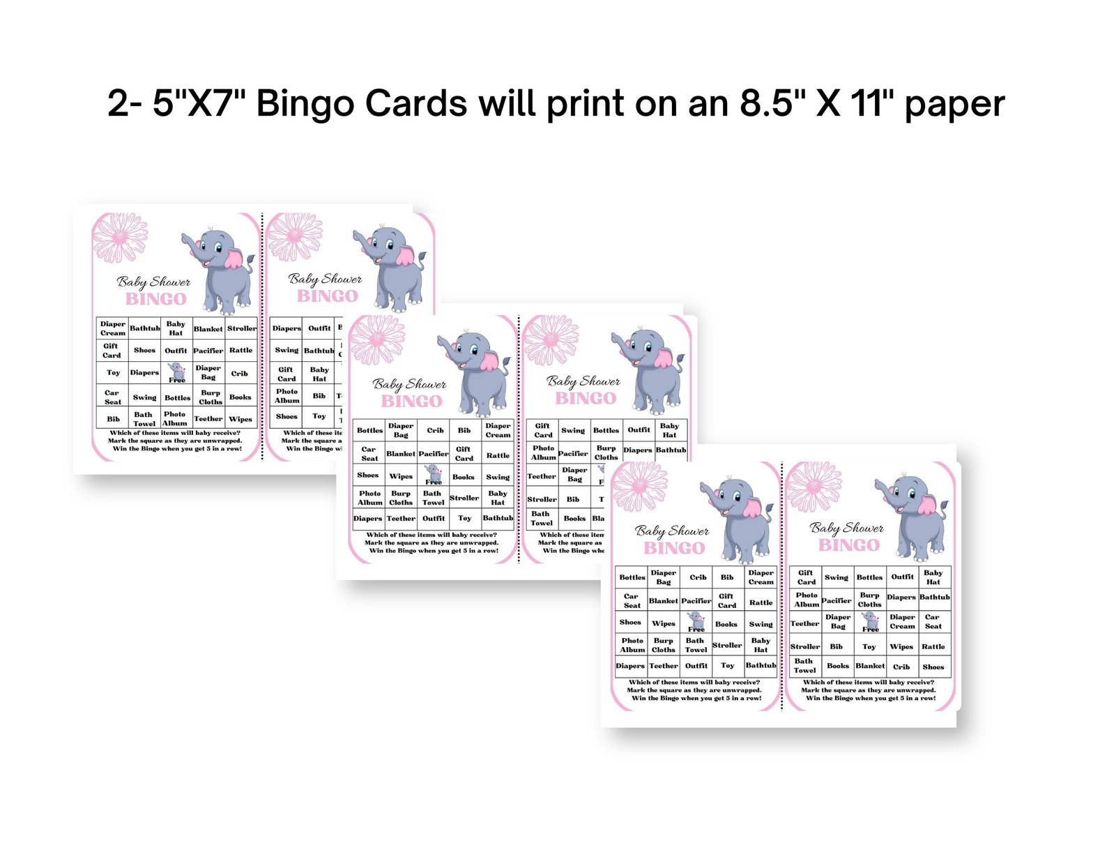 Girl Baby Shower Bingo Printable With Baby Elephant. Includes - Etsy
