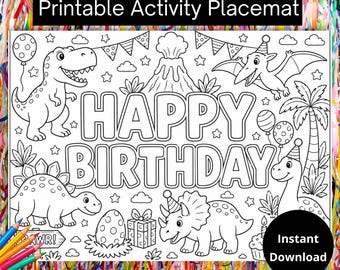 Pagina da colorare di compleanno a tema dinosauri, festa di compleanno a tema dinosauri, festa a tema dinosauri, pagine da colorare di compleanno, tovaglietta da colorare per bambini