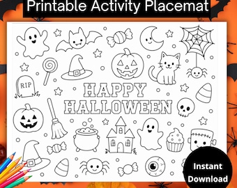 Attività di Halloween, Disegni da colorare di Halloween, Pagina da colorare spettrale e carina, Tovagliette per attività per bambini, Tovagliette da colorare per bambini, Disegni da colorare