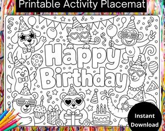 Pagina da colorare di compleanno a tema animali da festa, compleanno per bambini con animali da festa, tema animali da festa, pagine da colorare di compleanno, tovaglietta da colorare per bambini