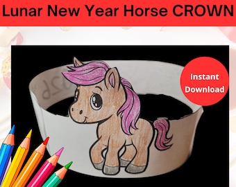 Lunar New Year activity, Paper Crown, Kids Chinese Coloring Pages, Year of the Horse, Chinese New Year craft, Lunar New Year Party Printable
