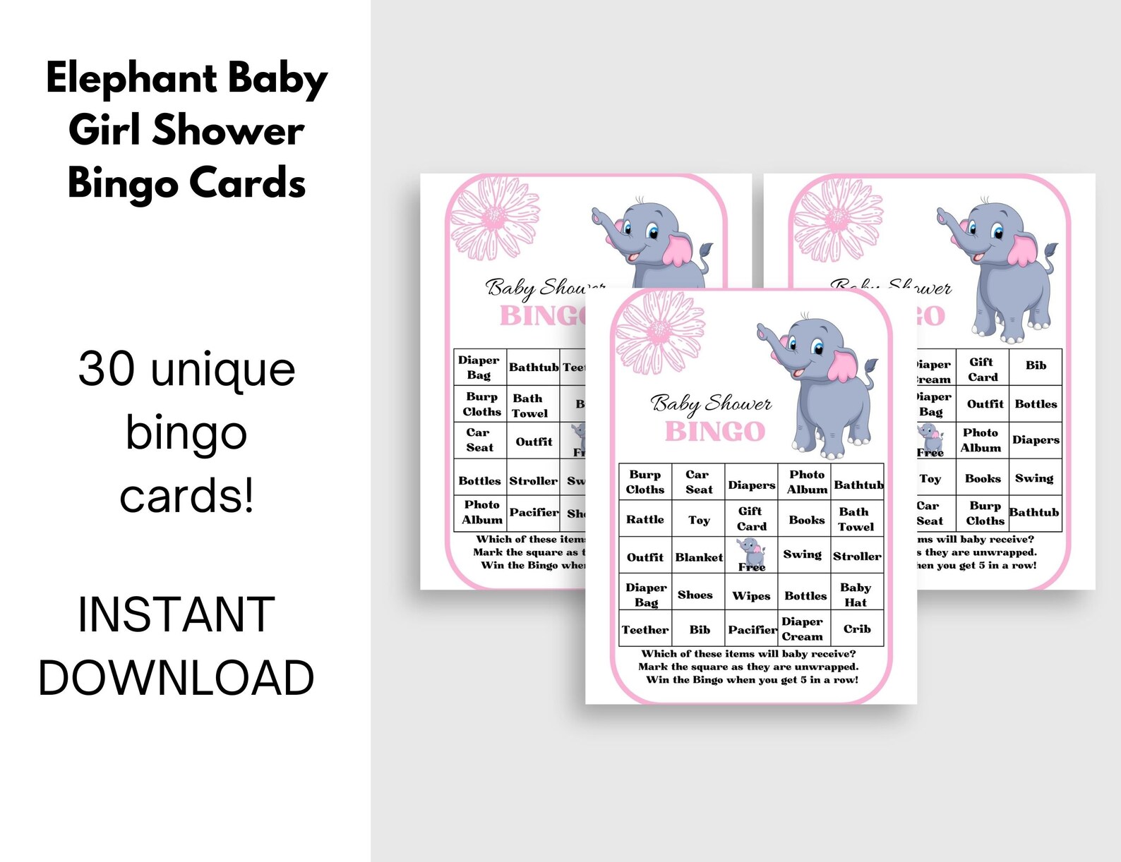 Girl Baby Shower Bingo Printable With Baby Elephant. Includes - Etsy
