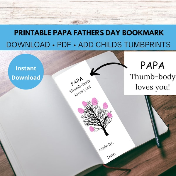 Papa Gifts Personalized,  Printable Bookmark for Fathers Day, Fingerprint Tree Bookmark, PAPA Fathers Day, Papa Gifts for Fathers Day