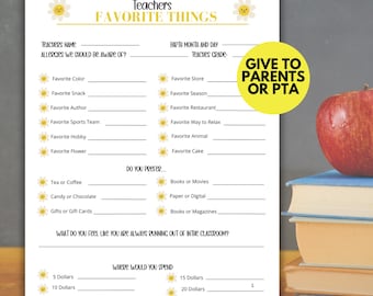 Teacher Favorites List Printable, Teacher Favorite Things Survey, Teacher Questionnaire Favorites, Favorite Things Teacher List